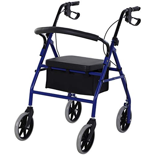 HOMCOM Andador para Adultos Plegable Con Almacenaje Asiento y Frenos 65x53x79-89 cm Azul y Negro