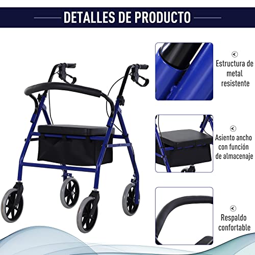 HOMCOM Andador para Adultos Plegable Con Almacenaje Asiento y Frenos 65x53x79-89 cm Azul y Negro