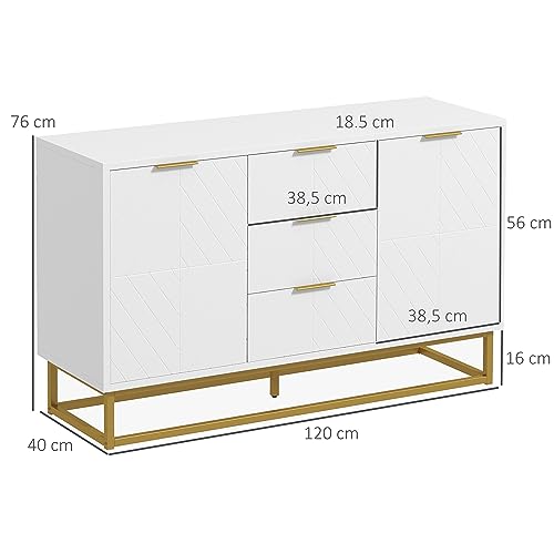 HOMCOM Aparador Auxiliar Armario de Almacenaje con 3 Cajones y 2 Armarios con Puerta Estante Ajustable para Sala de Estar Cocina Salón 120x40x76 cm Blanco