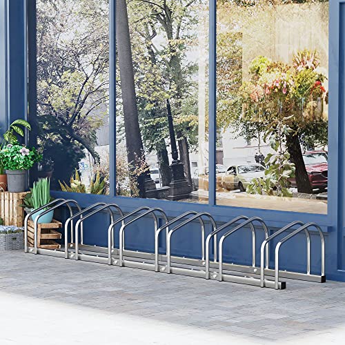 HOMCOM Aparcamiento para 6 Bicicletas Soporte de Acero para Aparcar Bicicletas en el Suelo o Pared Estacionamiento para Interior y Exterior 179x33x27 cm Plata