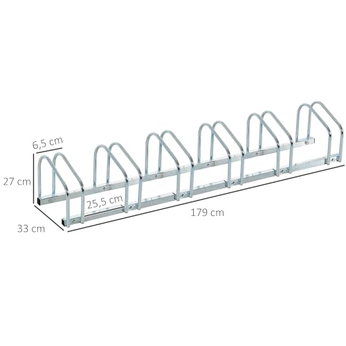 HOMCOM Aparcamiento para 6 Bicicletas Soporte de Acero para Aparcar Bicicletas en el Suelo o Pared Estacionamiento para Interior y Exterior 179x33x27 cm Plata