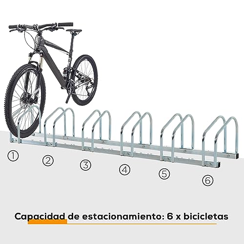 HOMCOM Aparcamiento para 6 Bicicletas Soporte de Acero para Aparcar Bicicletas en el Suelo o Pared Estacionamiento para Interior y Exterior 179x33x27 cm Plata