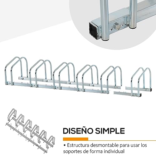 HOMCOM Aparcamiento para 6 Bicicletas Soporte de Acero para Aparcar Bicicletas en el Suelo o Pared Estacionamiento para Interior y Exterior 179x33x27 cm Plata