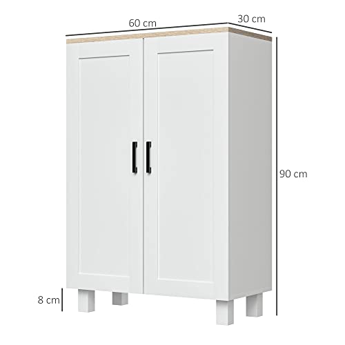 HOMCOM Armario de Salón Moderno Armario de Almacenaje con 2 Puertas Estante Ajustable y Base Elevada para Cocina Comedor Pasillo Dormitorio Dispositivo Antivuelco 60x30x90 cm Blanco