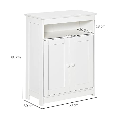 HOMCOM Armario de Suelo para Baño con 2 Puertas Estante Interior Ajustable y Compartimento Abierto Mueble Auxiliar de Almacenaje para Salón Cocina 60x30x80 cm Blanco