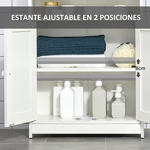 HOMCOM Armario de Suelo para Baño con 2 Puertas Estante Interior Ajustable y Compartimento Abierto Mueble Auxiliar de Almacenaje para Salón Cocina 60x30x80 cm Blanco