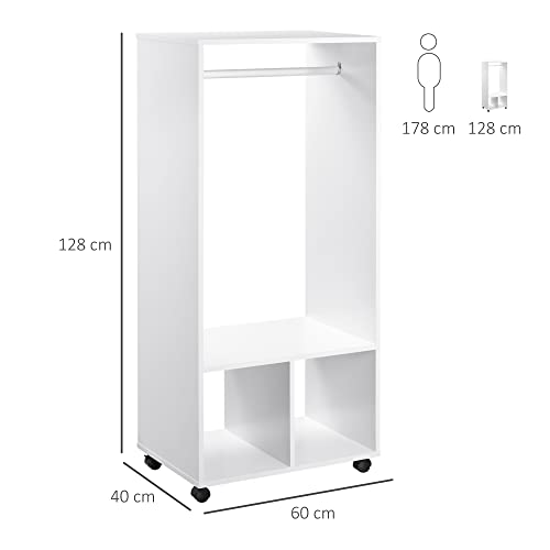 HOMCOM Armario Ropero Madera Móvil Armario Abierto Guardarropa con Riel Estantes Organizador para Colgar Ropa de Dormitorio 60x40x128cm Blanco