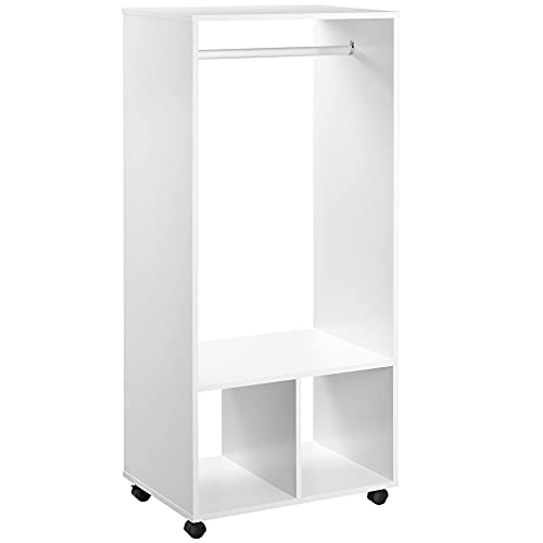 HOMCOM Armario Ropero Madera Móvil Armario Abierto Guardarropa con Riel Estantes Organizador para Colgar Ropa de Dormitorio 60x40x128cm Blanco