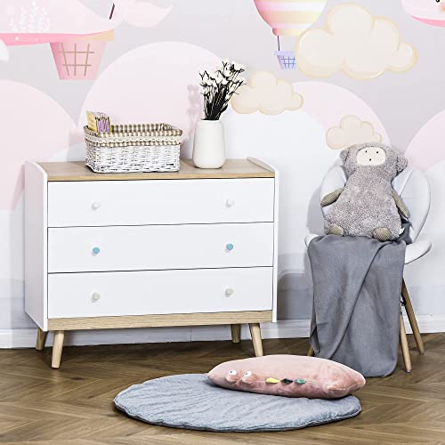 HOMCOM Cajonera Infantil con 3 Cajones Cómoda Auxiliar con Patas de Madera Almacenaje de Juguetes Ropa Libros para Habitación de Niños 90x40x75,2 cm Blanco