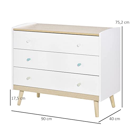 HOMCOM Cajonera Infantil con 3 Cajones Cómoda Auxiliar con Patas de Madera Almacenaje de Juguetes Ropa Libros para Habitación de Niños 90x40x75,2 cm Blanco