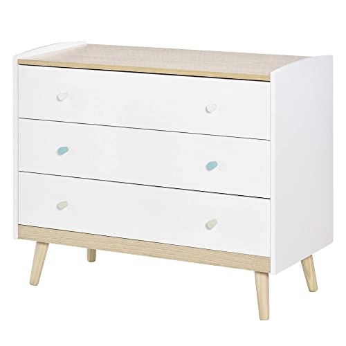 HOMCOM Cajonera Infantil con 3 Cajones Cómoda Auxiliar con Patas de Madera Almacenaje de Juguetes Ropa Libros para Habitación de Niños 90x40x75,2 cm Blanco