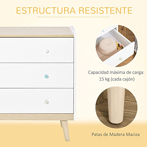 HOMCOM Cajonera Infantil con 3 Cajones Cómoda Auxiliar con Patas de Madera Almacenaje de Juguetes Ropa Libros para Habitación de Niños 90x40x75,2 cm Blanco