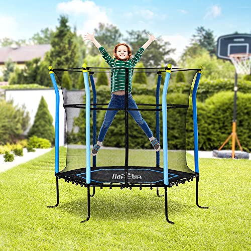 HOMCOM Cama Elástica Infantil de Jardín Trampolín para Niños de +3 Años con Superficie de Salto Ø120 cm Red de Seguridad Acero para Interior Exterior Ø160x163 cm Negro y Azul