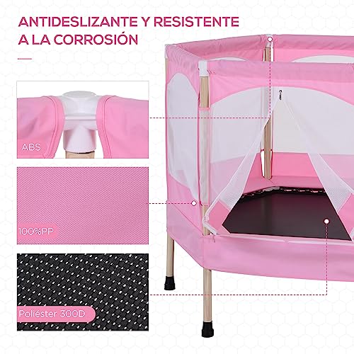 HOMCOM Cama Elástica para Niños Mayores de 3 Años Trampolín Infantil con Red de Seguridad para máximo 80kg 126x109x98cm Rosa