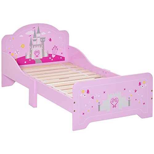 HOMCOM Cama Infantil para +3 Años 143x73x60 cm Cama para Niños de Madera con Barreras de Protección Carga Máx. 50 kg Rosa