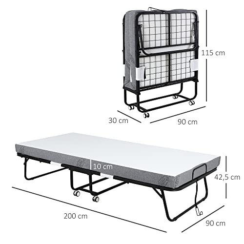 HOMCOM Cama Plegable 200x90x42,5 cm Cama de Camping Portátil con Colchón Individual Ruedas y Frenos Carga 150 kg para Dormitorio Salón Oficina Blanco