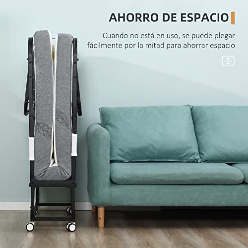 HOMCOM Cama Plegable 200x90x42,5 cm Cama de Camping Portátil con Colchón Individual Ruedas y Frenos Carga 150 kg para Dormitorio Salón Oficina Blanco