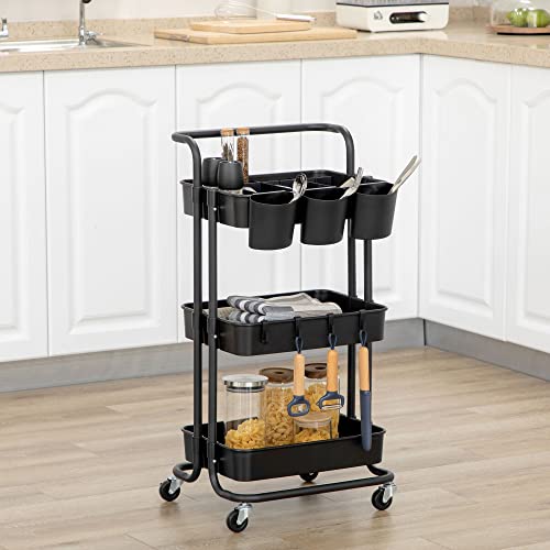 HOMCOM Carrito de Cocina de Acero Carro de Almacenamiento con 4 Ganchos Asa 3 Cestas Extraíbles 3 Cajas Colgantes y Frenos para Baño Salón Dormitorio 42x38x86,5 cm Negro