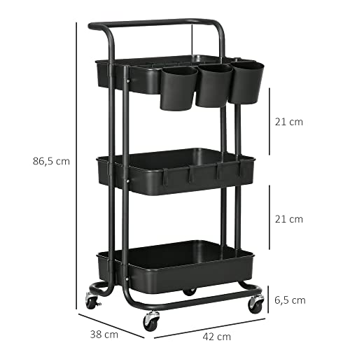 HOMCOM Carrito de Cocina de Acero Carro de Almacenamiento con 4 Ganchos Asa 3 Cestas Extraíbles 3 Cajas Colgantes y Frenos para Baño Salón Dormitorio 42x38x86,5 cm Negro