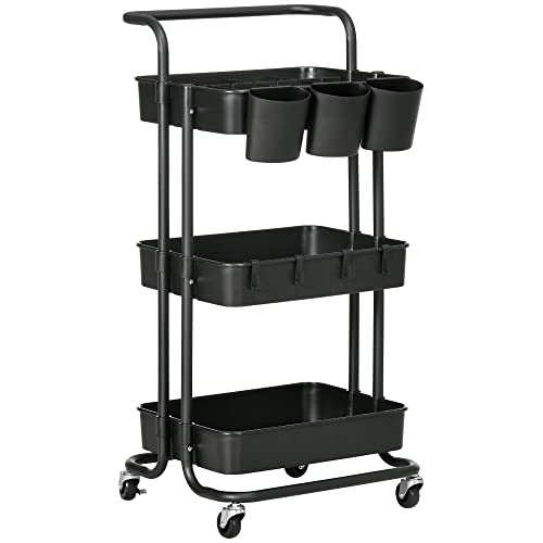 HOMCOM Carrito de Cocina de Acero Carro de Almacenamiento con 4 Ganchos Asa 3 Cestas Extraíbles 3 Cajas Colgantes y Frenos para Baño Salón Dormitorio 42x38x86,5 cm Negro