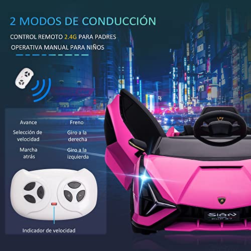 HOMCOM Coche Eléctrico Lamborghini SIAN 12V para Niños de +3 Años con Mando a Distancia Apertura de Puerta Música MP3 USB y Faros 3-5 km/h 108x62x40 cm Rosa