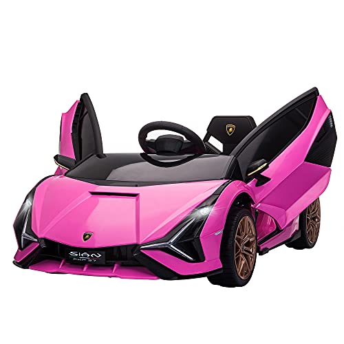 HOMCOM Coche Eléctrico Lamborghini SIAN 12V para Niños de +3 Años con Mando a Distancia Apertura de Puerta Música MP3 USB y Faros 3-5 km/h 108x62x40 cm Rosa