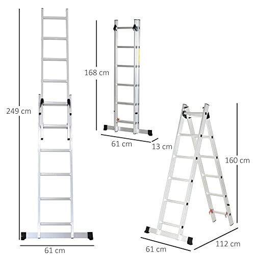 HOMCOM Escalera Aluminio con Estructura Triangular de Tijera Plegable Portátil 2 Formas de Uso Pie Antideslizante Articulación Rail Máx. 150kg Altura 160-249cm Plata