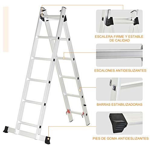 HOMCOM Escalera Aluminio con Estructura Triangular de Tijera Plegable Portátil 2 Formas de Uso Pie Antideslizante Articulación Rail Máx. 150kg Altura 160-249cm Plata