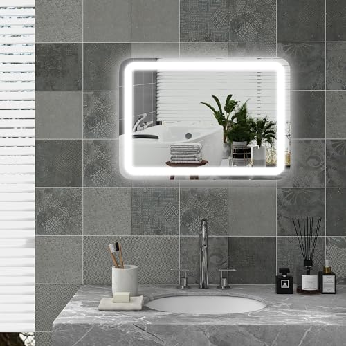 HOMCOM Espejo de Baño con Luces LED 50x70 cm Espejo de Pared Antivaho con 3 Temperaturas de Color Regulable y Función de Memoria Horizontal y Vertical