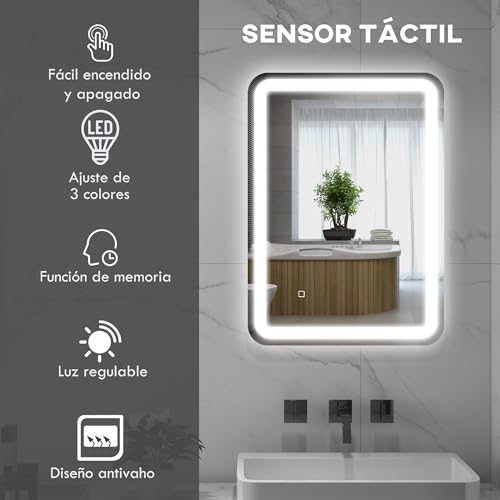 HOMCOM Espejo de Baño con Luces LED 50x70 cm Espejo de Pared Antivaho con 3 Temperaturas de Color Regulable y Función de Memoria Horizontal y Vertical