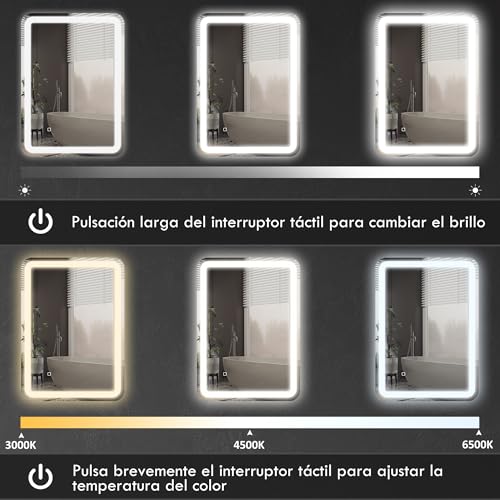 HOMCOM Espejo de Baño con Luces LED 50x70 cm Espejo de Pared Antivaho con 3 Temperaturas de Color Regulable y Función de Memoria Horizontal y Vertical