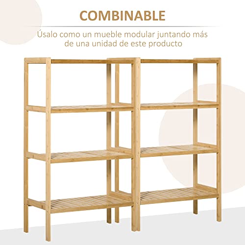 HOMCOM Estantería de Bambú de 4 Niveles Mueble Organizador Multifuncional para Baño Cocina Salón con Dispositivo Antivuelco 62x33x112 cm Natural