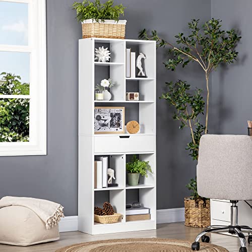 HOMCOM Estantería de Madera Estantería Librería con 1 Cajón y 9 Compartimientos de Almacenamiento Mueble Librería para Salón Oficina Estudio 60x26x158 cm Blanco