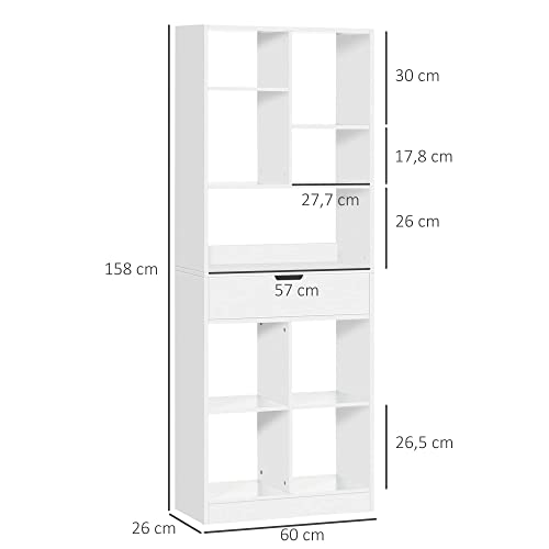 HOMCOM Estantería de Madera Estantería Librería con 1 Cajón y 9 Compartimientos de Almacenamiento Mueble Librería para Salón Oficina Estudio 60x26x158 cm Blanco