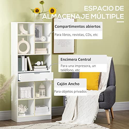 HOMCOM Estantería de Madera Estantería Librería con 1 Cajón y 9 Compartimientos de Almacenamiento Mueble Librería para Salón Oficina Estudio 60x26x158 cm Blanco