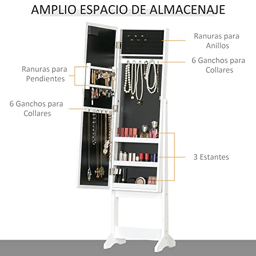 HomCom Joyero de Pie con Espejo Armario para Joyas 16 Luces LED Reclinable Guardajoyas Anillos Pendientes Collares 36x30x136cm Blanco