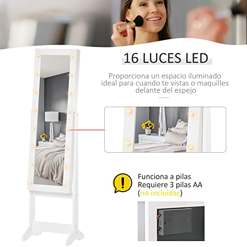 HomCom Joyero de Pie con Espejo Armario para Joyas 16 Luces LED Reclinable Guardajoyas Anillos Pendientes Collares 36x30x136cm Blanco