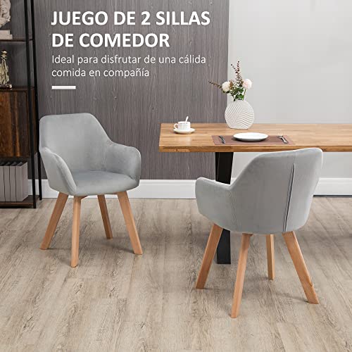 HOMCOM Juego de 2 Sillas de Comedor Modernas Sillas de Cocina Tapizado en Terciopelo con Respaldo Medio y Patas de Madera de Caucho para Salón Carga 120 kg 54x57x80 cm Gris