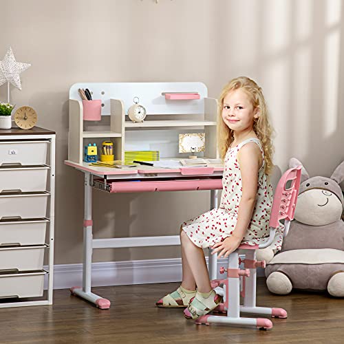 HOMCOM Juego de Escritorio y Silla para Ninos de +3 Anos con Altura Ajustable, con Tablero de Mesa Inclinable Cajon y Estanteria para Libros 80x52x88-109 cm y 35,5x44,5x66-80 cm Rosa