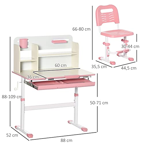 HOMCOM Juego de Escritorio y Silla para Ninos de +3 Anos con Altura Ajustable, con Tablero de Mesa Inclinable Cajon y Estanteria para Libros 80x52x88-109 cm y 35,5x44,5x66-80 cm Rosa