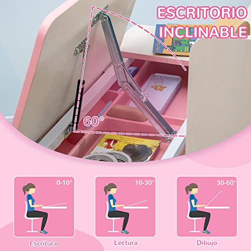 HOMCOM Juego de Escritorio y Silla para Ninos de +3 Anos con Altura Ajustable, con Tablero de Mesa Inclinable Cajon y Estanteria para Libros 80x52x88-109 cm y 35,5x44,5x66-80 cm Rosa