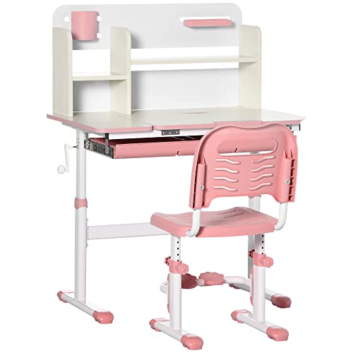 HOMCOM Juego de Escritorio y Silla para Ninos de +3 Anos con Altura Ajustable, con Tablero de Mesa Inclinable Cajon y Estanteria para Libros 80x52x88-109 cm y 35,5x44,5x66-80 cm Rosa