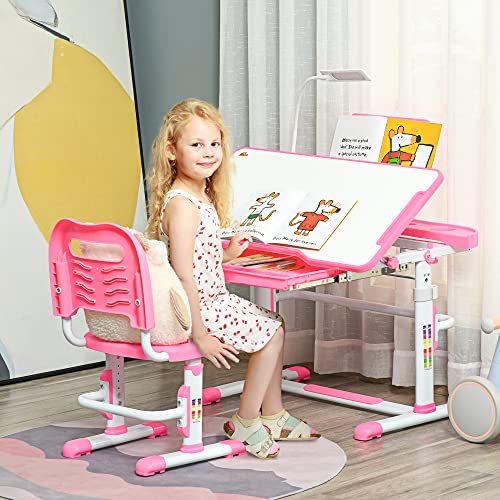 HOMCOM Juego de Escritorio y Silla para Niños de +6 Años Pupitre Infantil con Altura Ajustable Mesa Inclinable Cajón Lámpara LED y Portalápices 80x49,5x82-104 cm y 35,5x43,5x63-73 cm Rosa