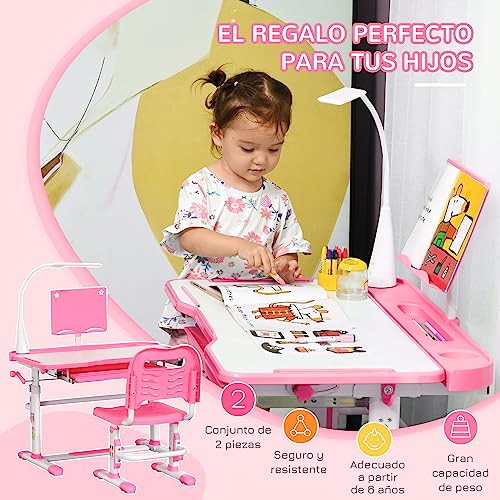 HOMCOM Juego de Escritorio y Silla para Niños de +6 Años Pupitre Infantil con Altura Ajustable Mesa Inclinable Cajón Lámpara LED y Portalápices 80x49,5x82-104 cm y 35,5x43,5x63-73 cm Rosa