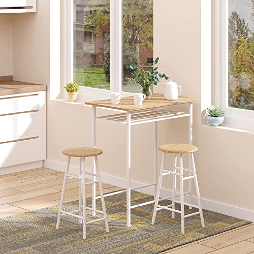 HOMCOM Juego de Mueble de Bar Set de Mesa Alta y 2 Taburetes con Estante de Almacenamiento y Marco de Metal para Cocina Comedor 80x50x90 cm Blanco