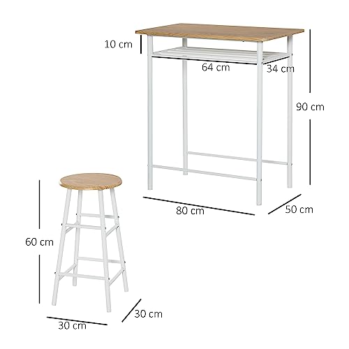 HOMCOM Juego de Mueble de Bar Set de Mesa Alta y 2 Taburetes con Estante de Almacenamiento y Marco de Metal para Cocina Comedor 80x50x90 cm Blanco