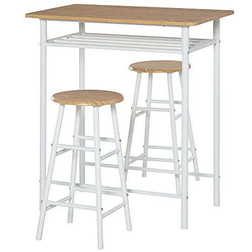 HOMCOM Juego de Mueble de Bar Set de Mesa Alta y 2 Taburetes con Estante de Almacenamiento y Marco de Metal para Cocina Comedor 80x50x90 cm Blanco