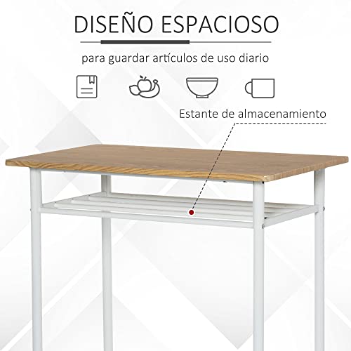 HOMCOM Juego de Mueble de Bar Set de Mesa Alta y 2 Taburetes con Estante de Almacenamiento y Marco de Metal para Cocina Comedor 80x50x90 cm Blanco