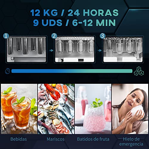 HOMCOM Máquina para Hacer Hielo Silenciosa Máquina de Hielo Doméstico 12 Kg en 24 Horas 9 Cubitos en 6-12 Minutos Depósito de Agua 1,3 L con Cuchara y Canasta 22,2x29,4x29 cm Negro