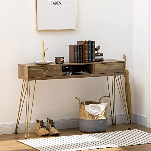 HOMCOM Mesa Consola Mueble Recibidor de Entrada con 2 Cajones Estante Abierto y Patas de Acero para Salón Pasillo Estilo Moderno 120x29x79 cm Bronce